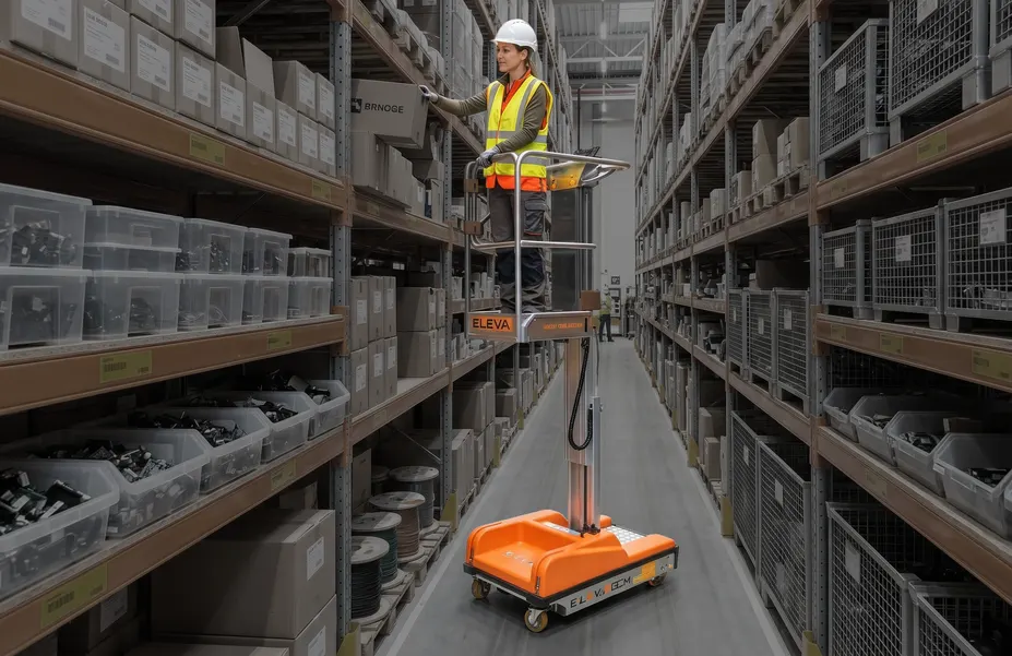 Mitarbeiter kommissioniert auf ergonomischer Arbeitshöhe mit einem ELEVAH Kommissionierer