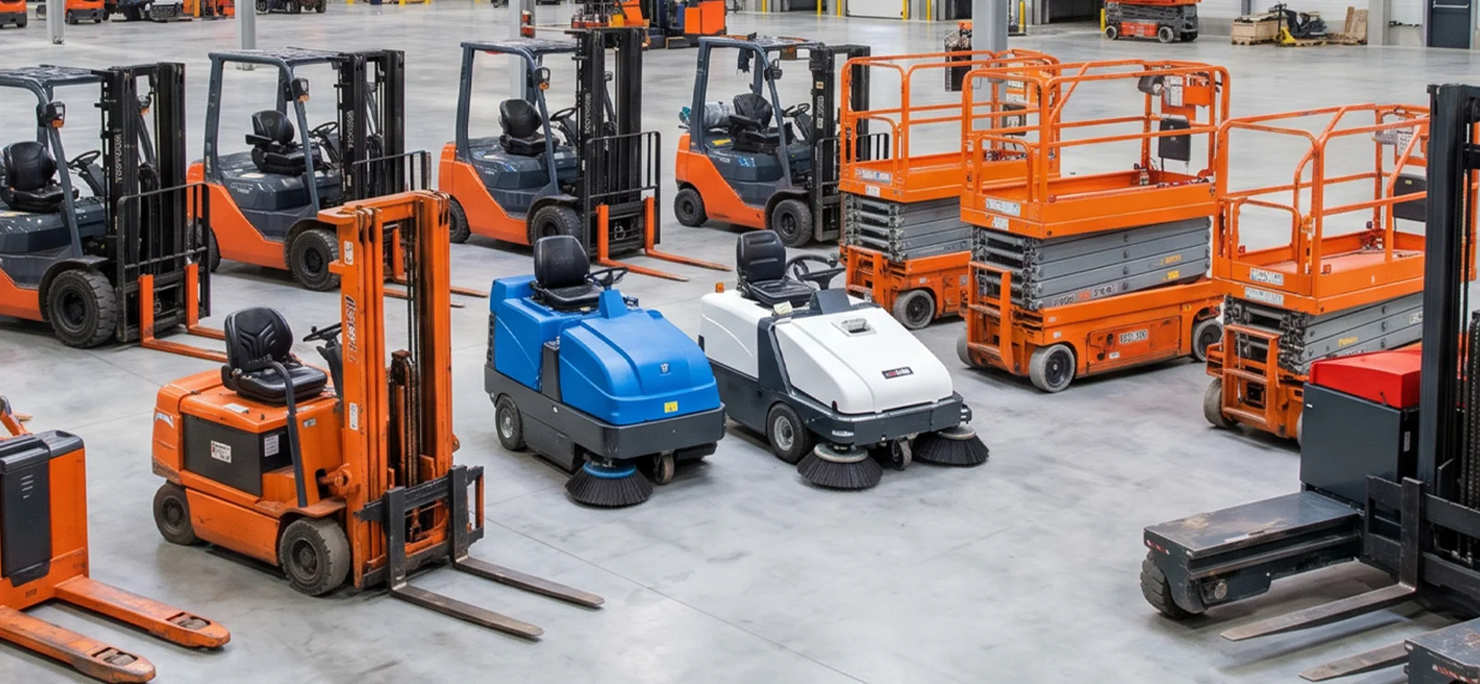 Gerätebestand bei Schaaf: Stapler, Kehrmaschinen, Arbeitsbühnen und Lagertechnik in der Halle