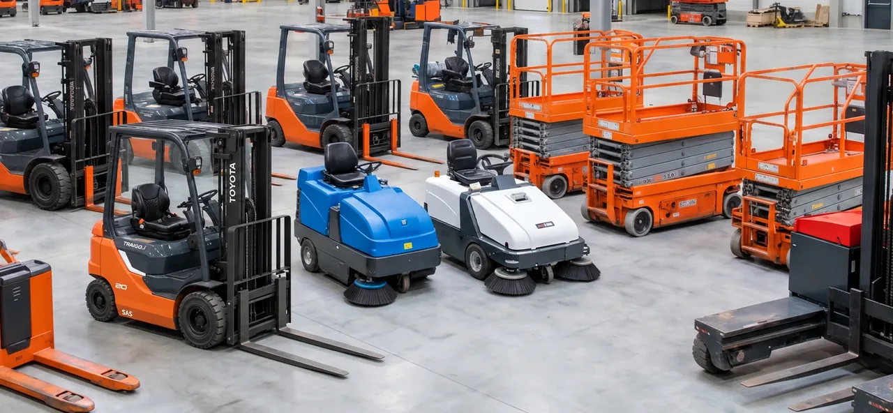 Gerätebestand von Schaaf Gabelstapler: Toyota-Stapler, Hubwagen, Kehrmaschinen und Arbeitsbühnen in der Halle